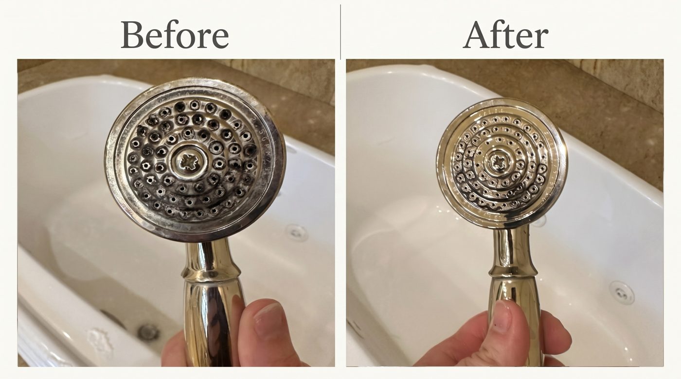 Before and after cleaning a shower head, Well Handled