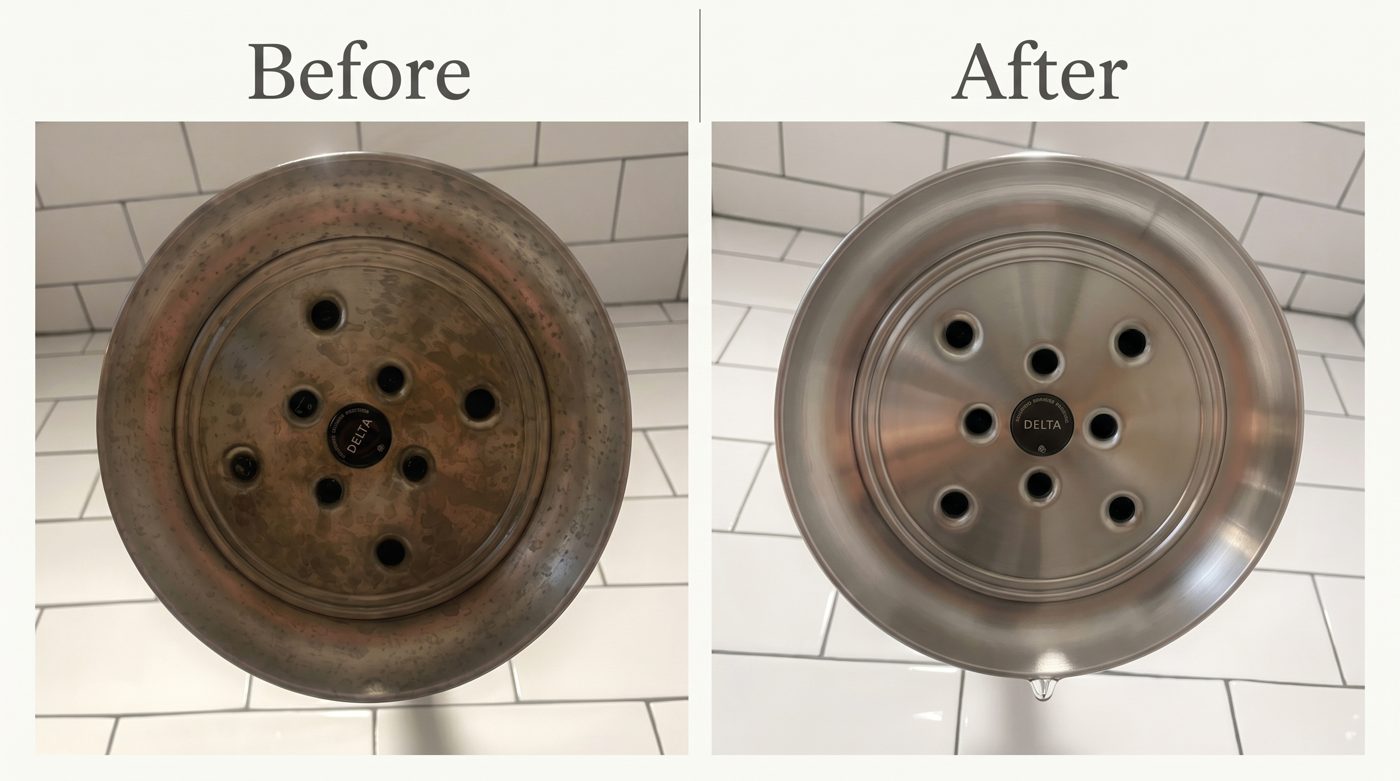 Before and after cleaning a shower head, Delta fixture